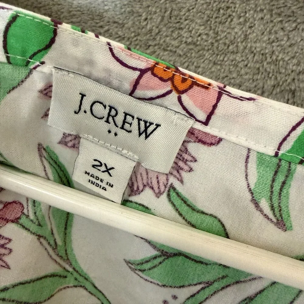 J Crew 2X Floral Top White Pink Green Short Sleeve V Neck Boxy Cotton Casual